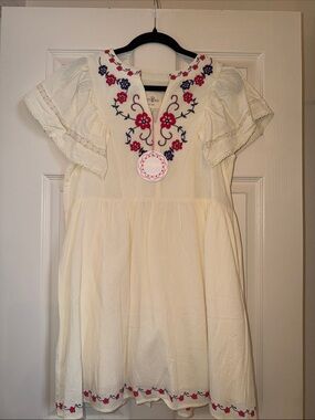 Women’s Cream double lined Dress with Pink & Navy Floral Embroidery
